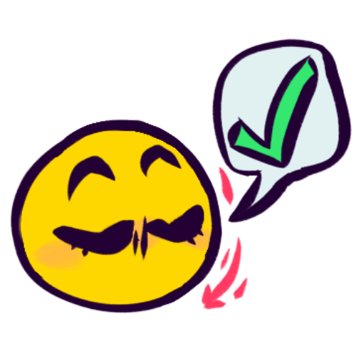 A drawing of a yellow, emoji-style face nodding. A speech bubble coming from them has a green check mark inside. The face’s eyes are closed, and their eyebrows are raised. A red arrow shows the movement of them nodding.